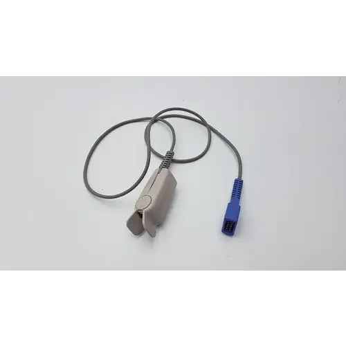 Gray pulse oximeter with a blue connector and coiled gray cable.