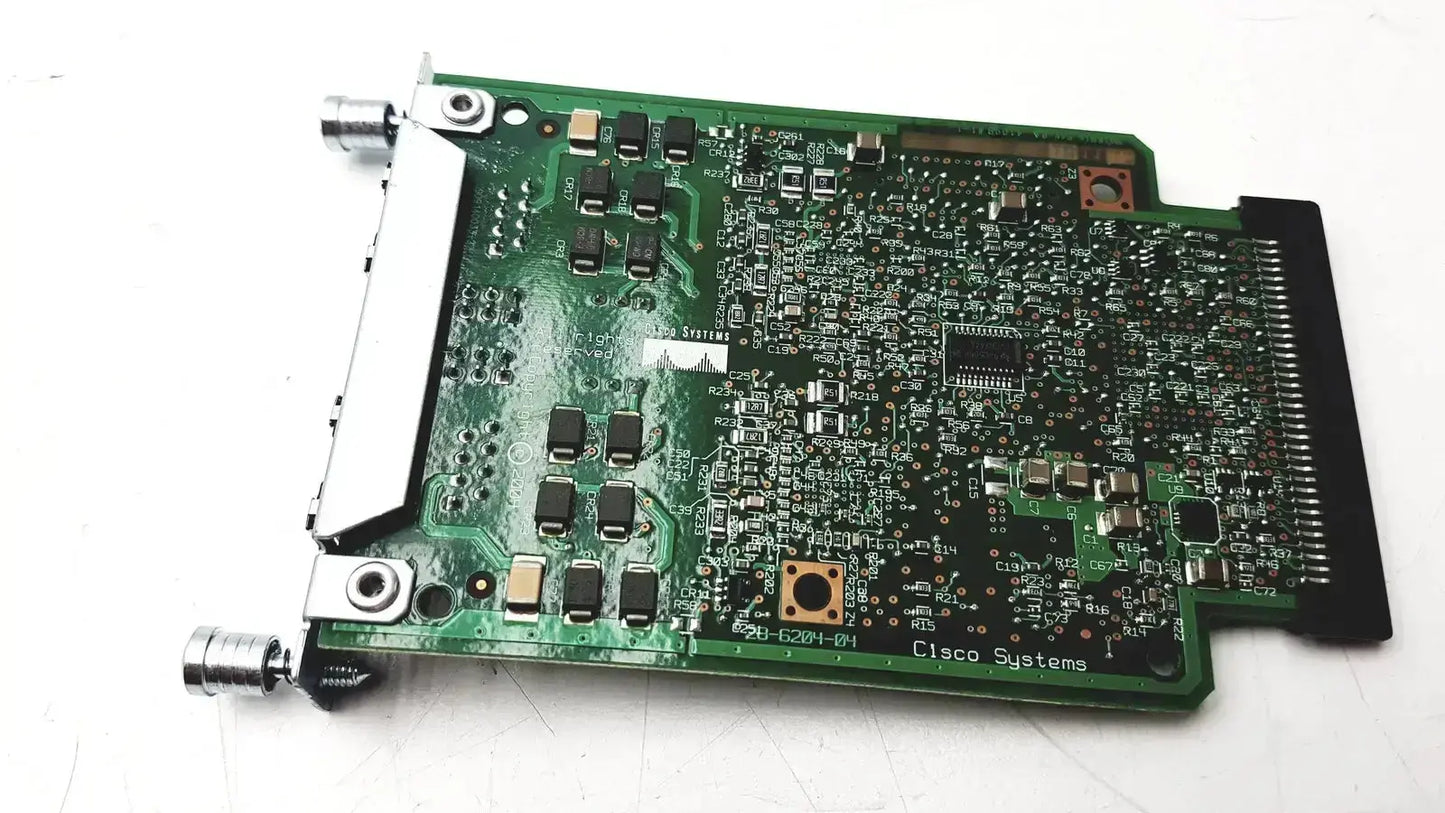 Green circuit board with black and silver components labeled cisco systems for cisco vwic2 2mft-t1 2-port voice wan module
