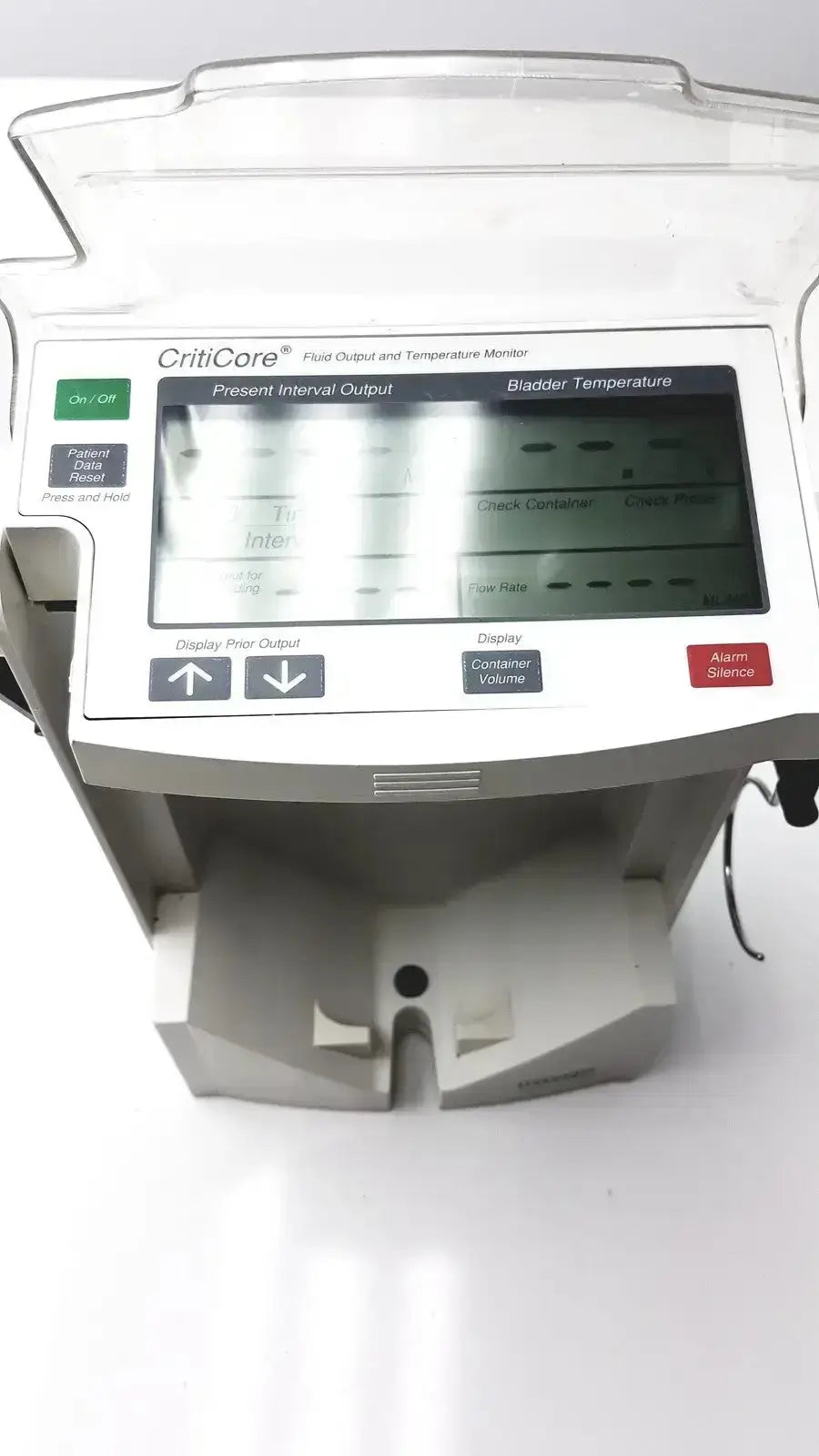 White and gray criticore fluid output and temperature monitor model 000002n with digital display showing bladder temperature readings