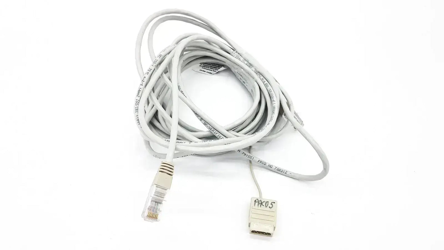 A coiled gray datex-extension mon aic network cable 6m with rj45 and axios labeled 8p8c modular plugs