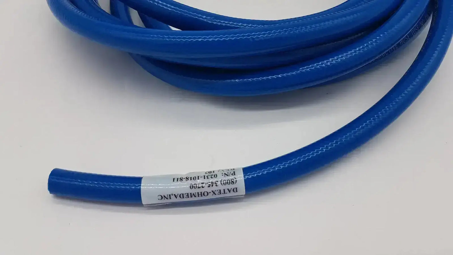 Blue coiled hose assembly with white label and black text datex ohmeda hospital surplus part 0231-1018-811 rev 103