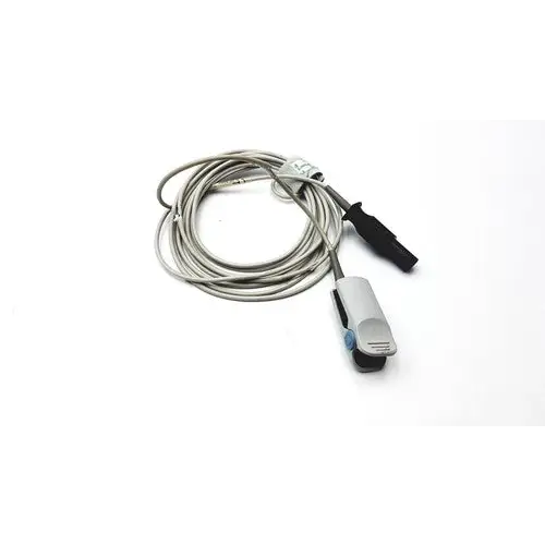 Silver coiled cable with black handle and gray sensor head, featuring a blue accent button.