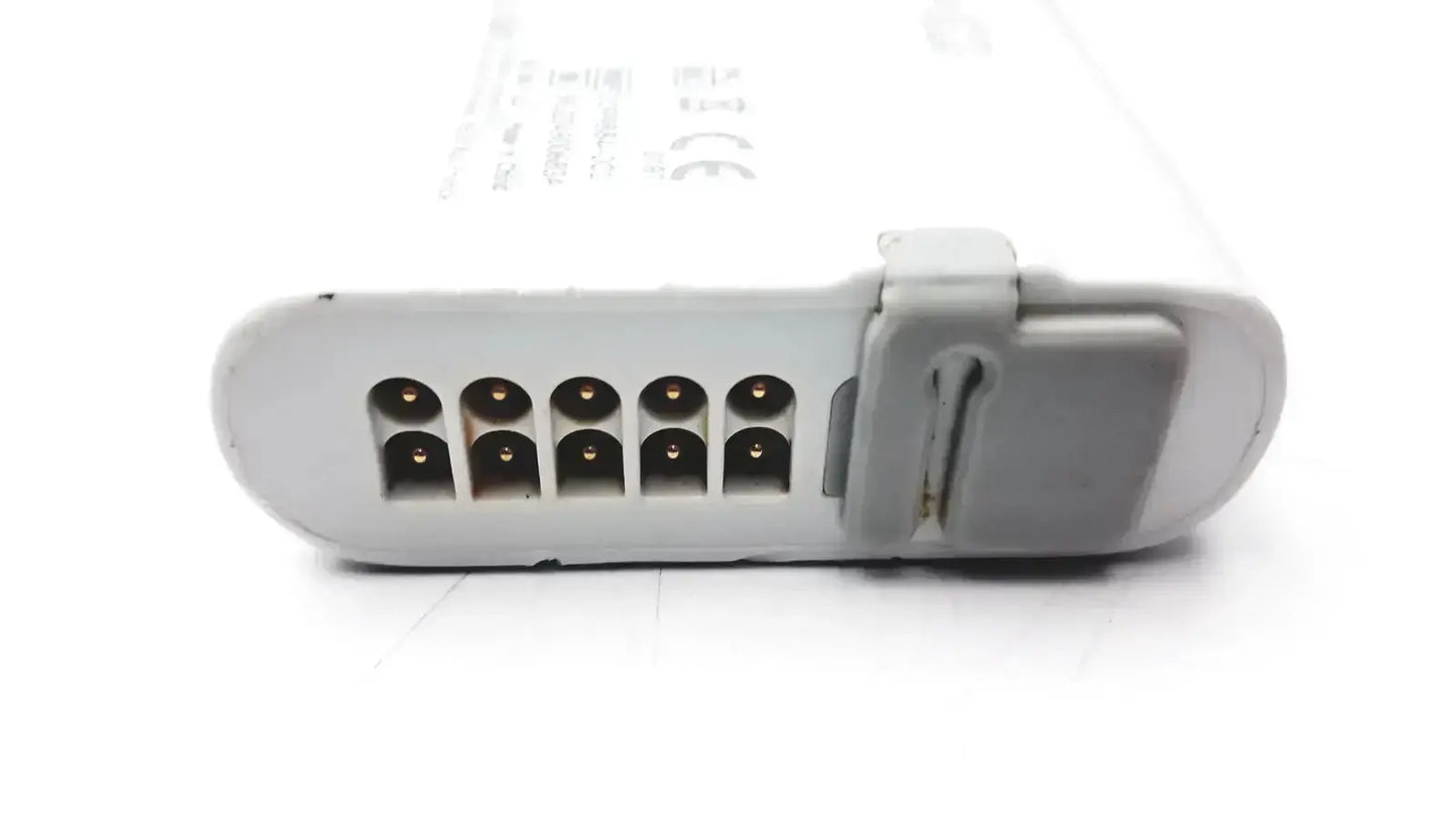 White plastic laptop battery with gray latch and gold contact pins for carescape ecg parameter cable micro module use