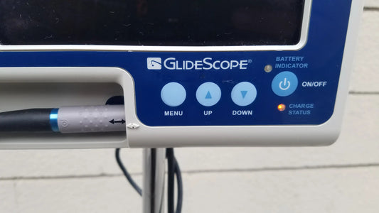 Glidescope pv132067 medical equipment vital signs monitor in blue and white with circular navigation buttons on display