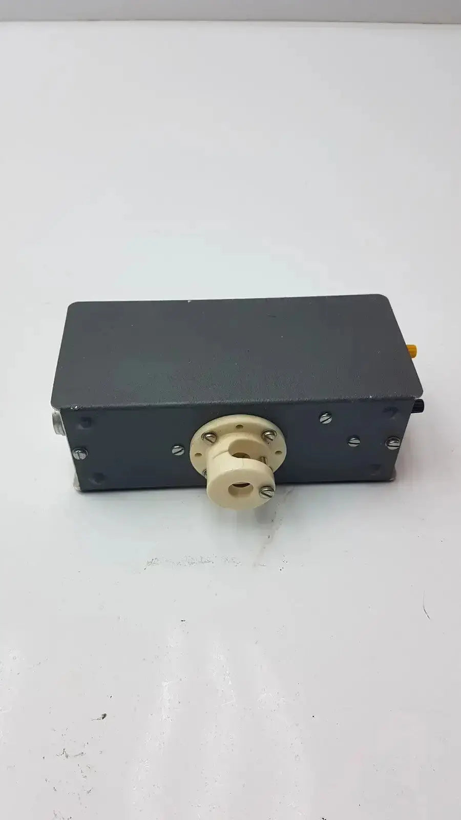 Black rectangular grass instrument amplifier model p17b with beige central component and silver screws shown from the back side
