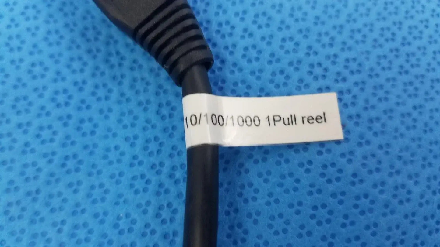 Black retractable cat5e cable with ribbed connector and label 10/100/1000 for hospital and medical equipment use