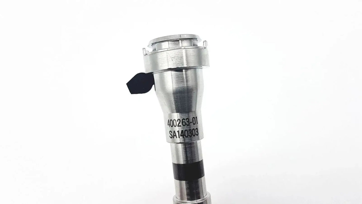 Silver metallic fuel injector with black rubber seal and engraved part numbers for intuitive surgical 400263-01 reuse medical equipment