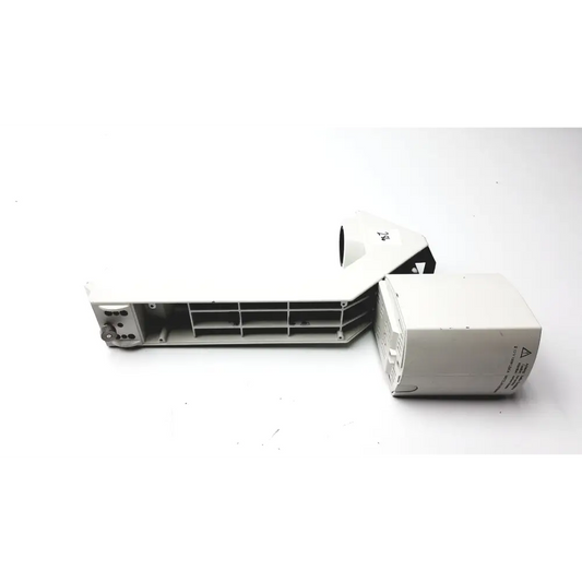 White plastic electronic component with internal grid structure and labeled side panel