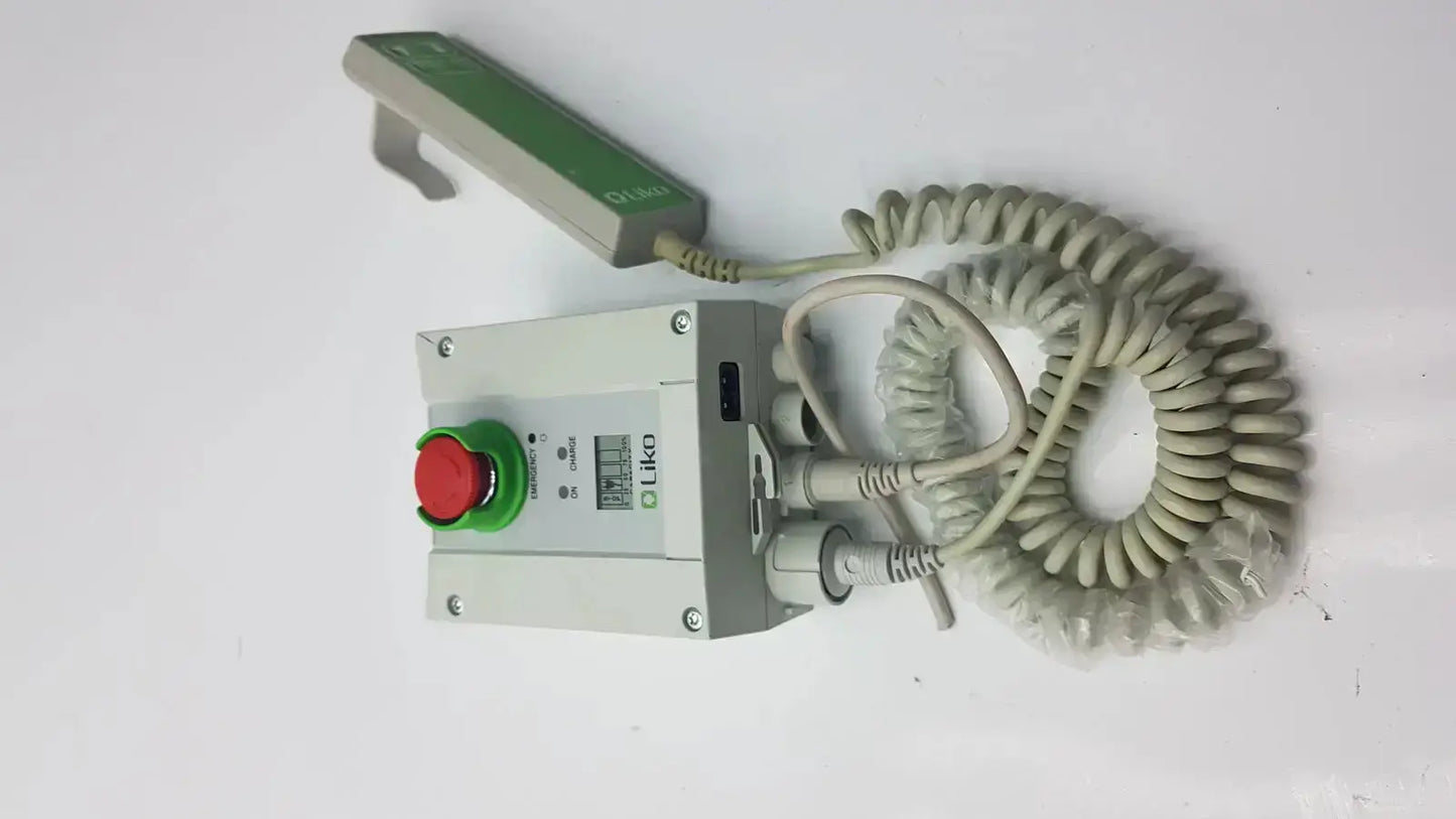 Gray industrial control box with red emergency stop and green safety handle cbj linak cbj2005hd112xx4 model cbj2018-02