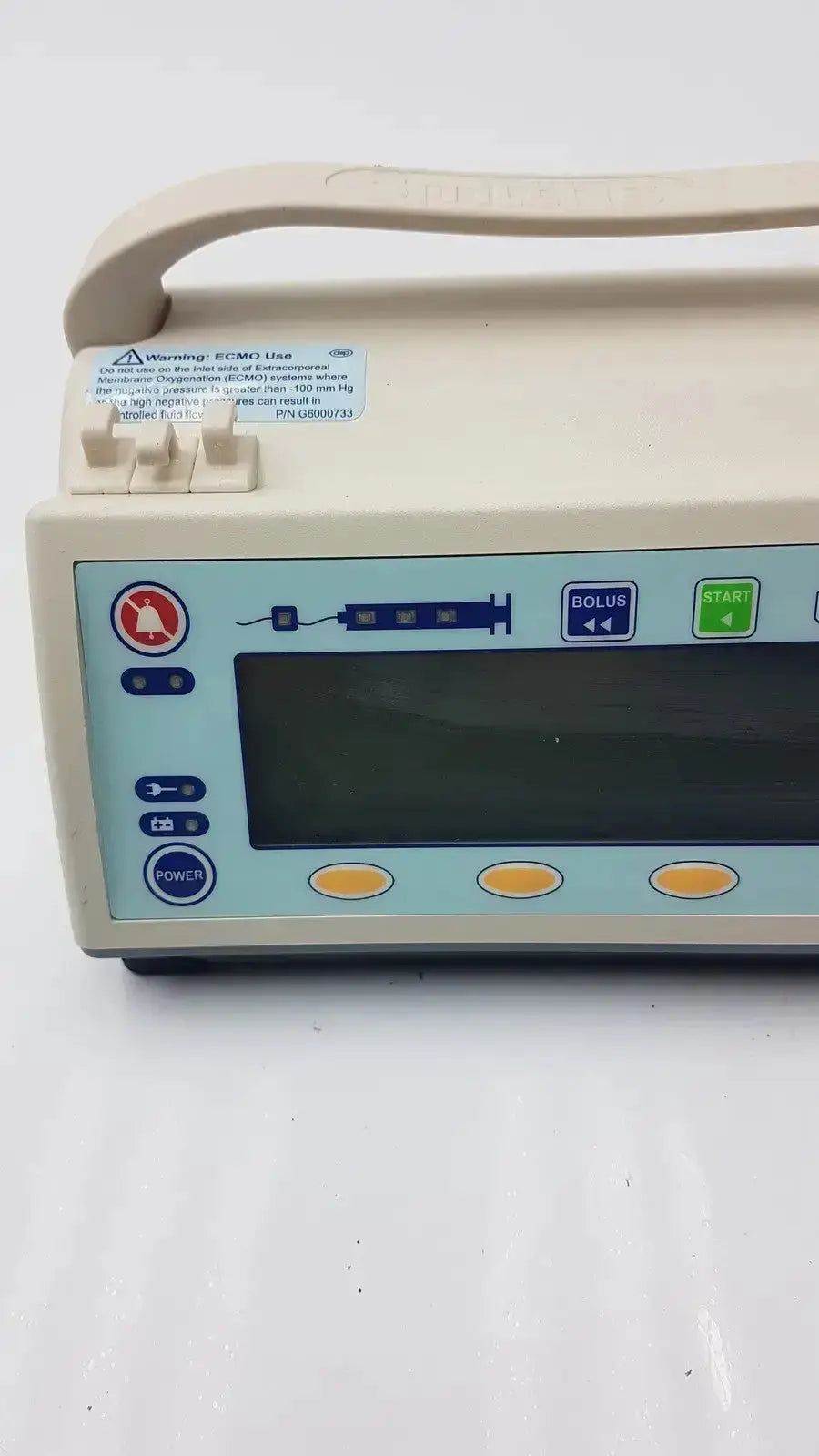 Beige medfusion 3500 medical infusion pump with light blue control panel and pole clamp for hospital surplus biomedical evaluation