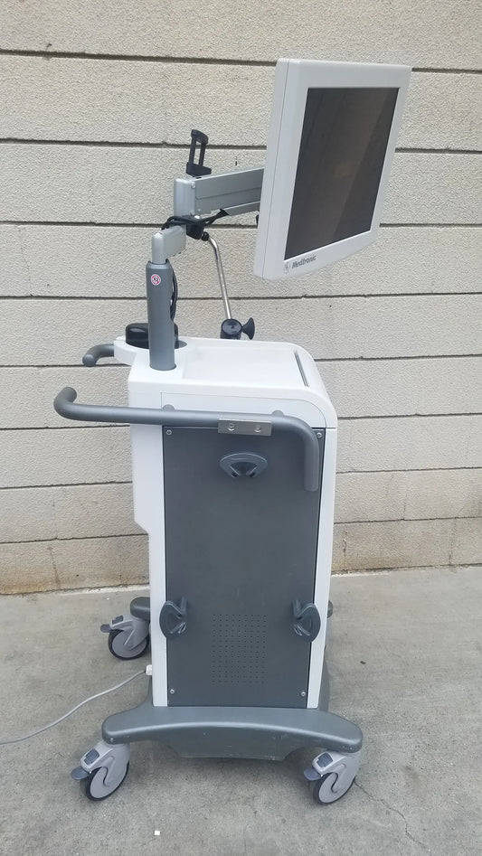 White and gray medical cart with mounted monitor and casters for mobility in the medtronic fusion ent navigation system