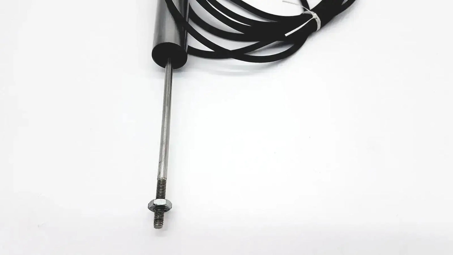 Black coiled cable attached to metallic sensor probe with threaded end and hexagonal nut for omega ld300-150 lvdt linear position sensor