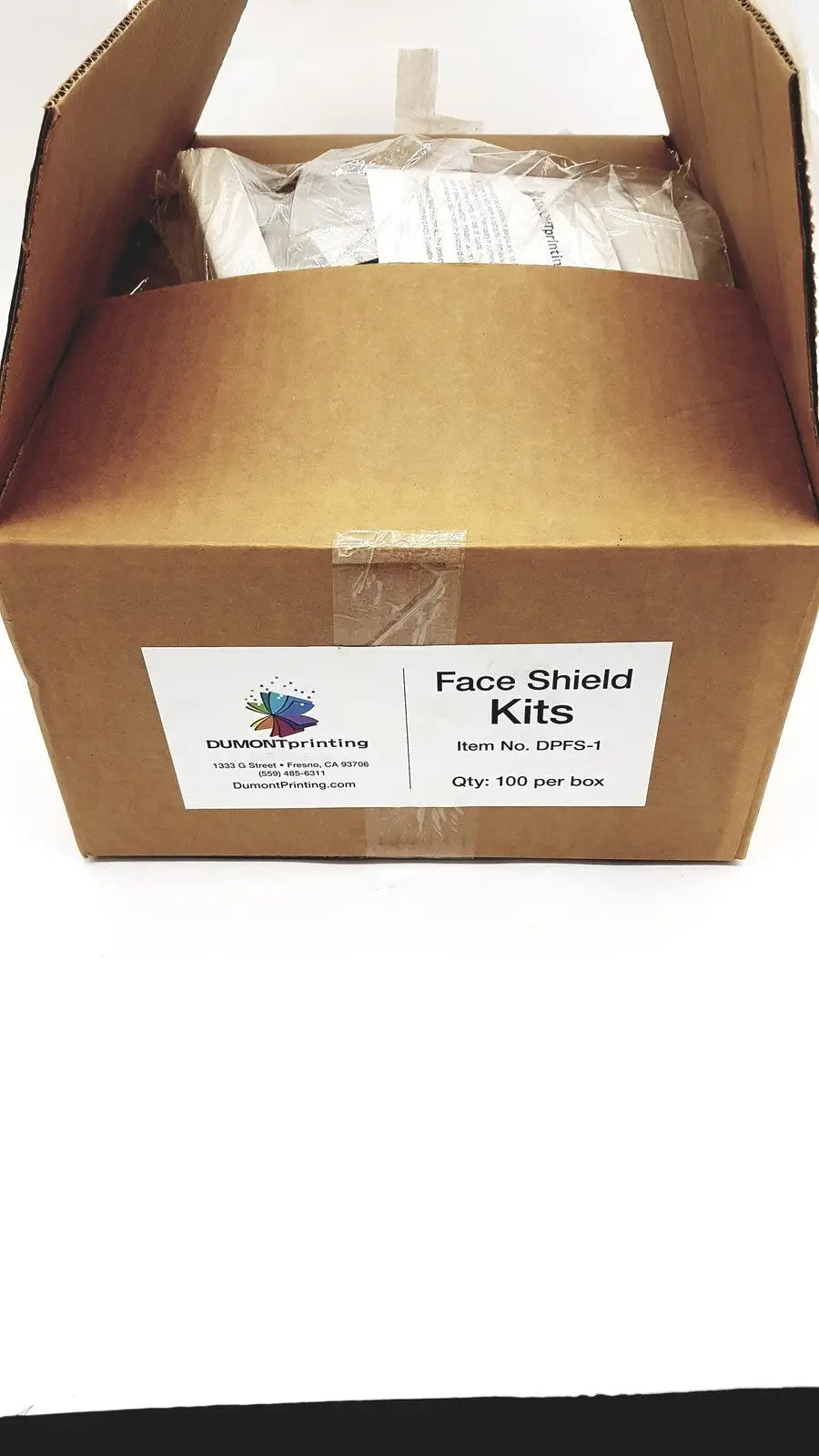 One box of Dumont Printing Adjustable Face Shield Kits FS-1 - Qty 100 Per Box