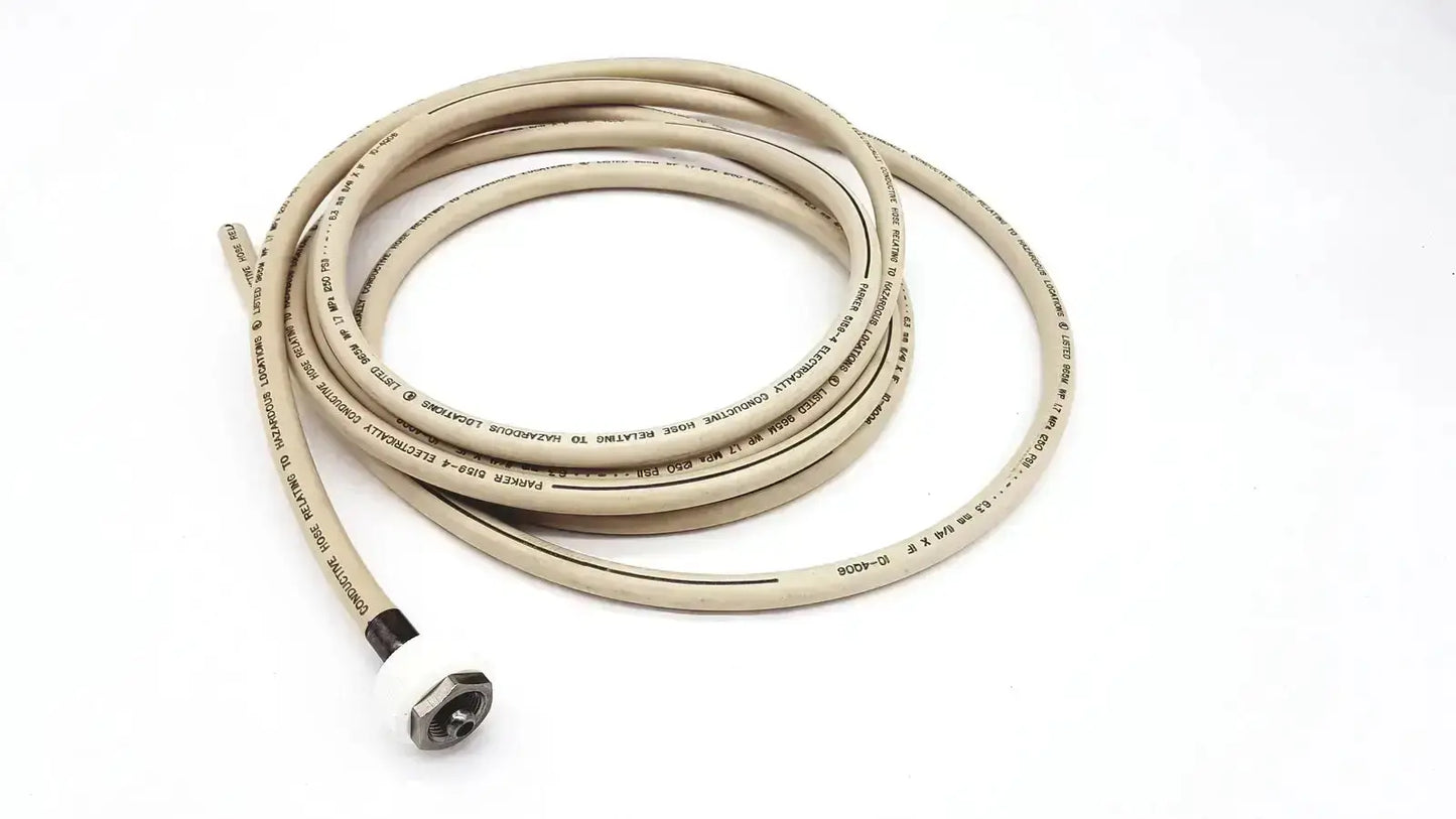 Beige coiled electrically conductive hose with black and white connector adapter for industrial use parker 5159-4