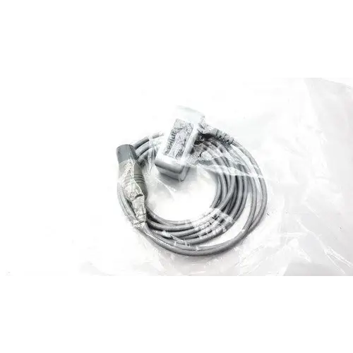 Gray medical cable with a rectangular sensor unit and a rounded connector, wrapped in clear plastic packaging.