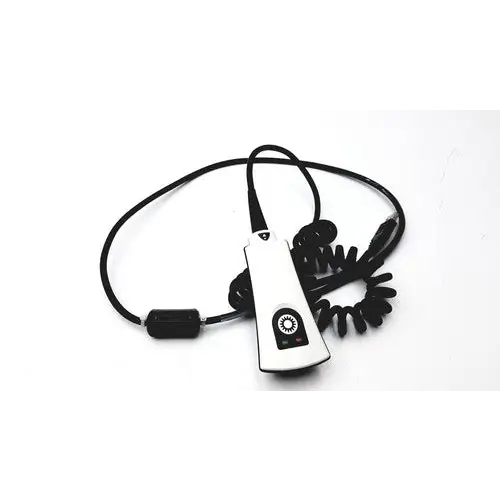 Silver and black cordless headset with coiled cable, featuring a sleek rectangular control unit.