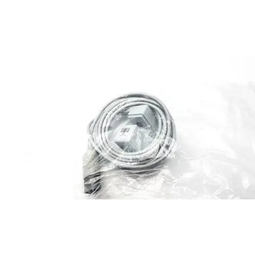 Gray coiled usb cable with a rectangular connector, wrapped in clear plastic packaging.