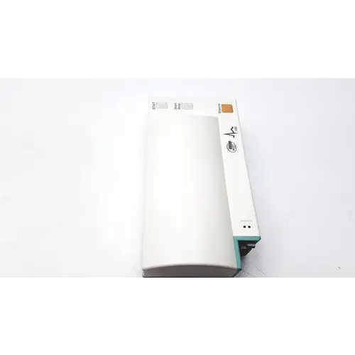 White rectangular electronic device with a teal accent on the side and small printed labels.