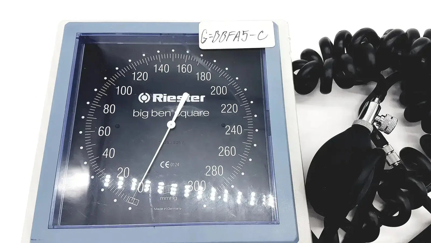Riester big ben square wall-mounted sphygmomanometer with blue frame black dial and white markings for adults