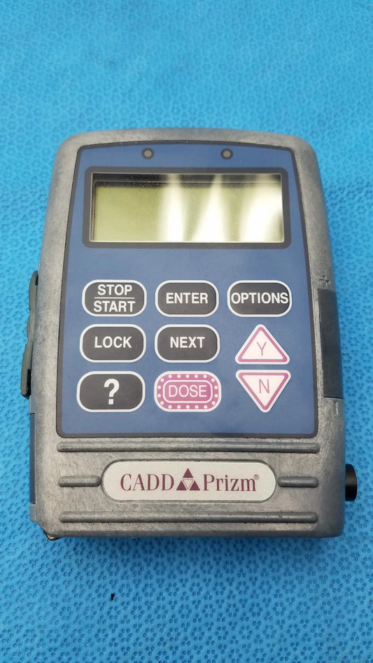 Gray and blue smiths medical cadd prizm infusion pump with digital screen and labeled buttons in case