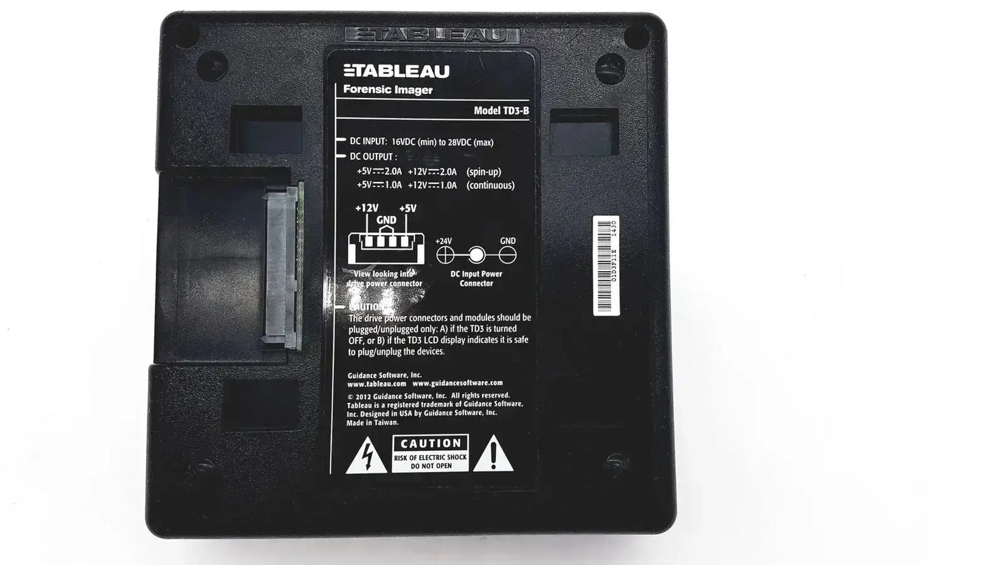 Black plastic tableau td3 forensic imager td3-b back side with labeled dc input output ports barcode and safety stickers