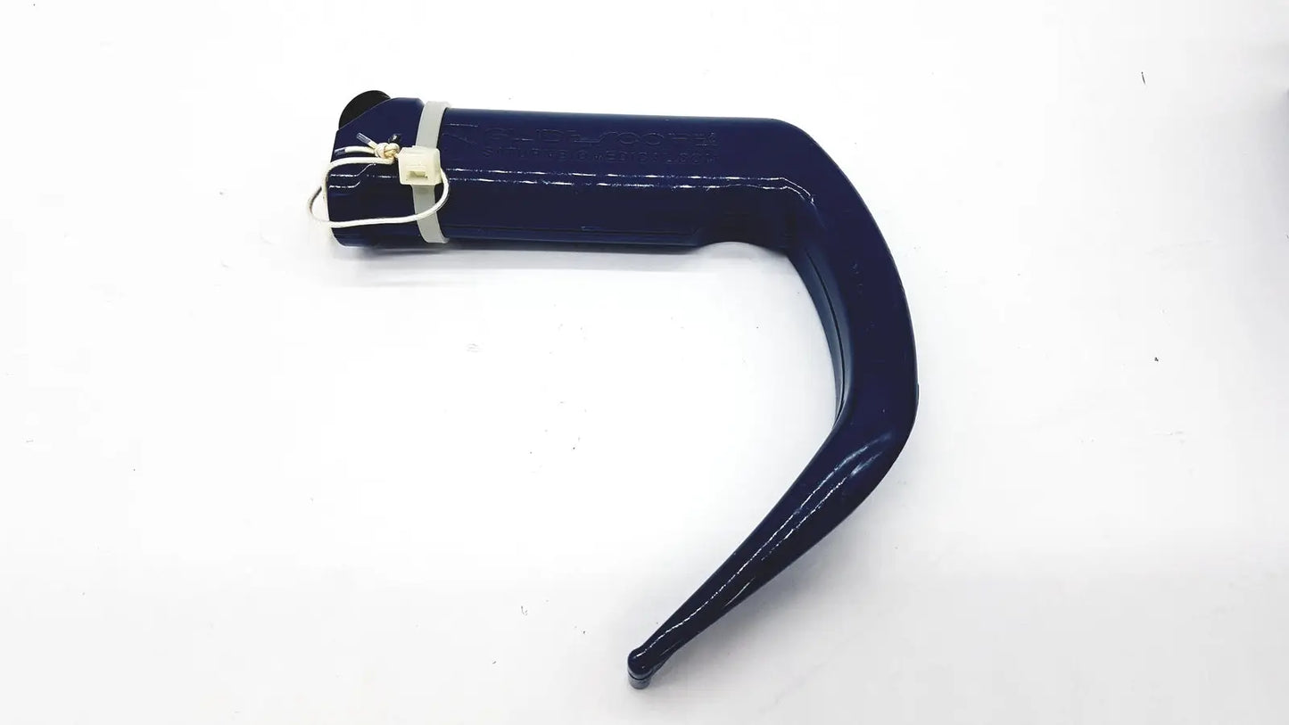 Dark blue curved medical laryngoscope handle with white strap and clip for verathon glidescope reusable camera blade