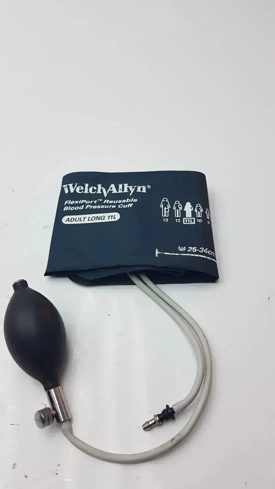 Welch Allyn flexiport reusable blood pressure cuff adult long 11L navy blue fabric with black rubber bulb pressure cuff