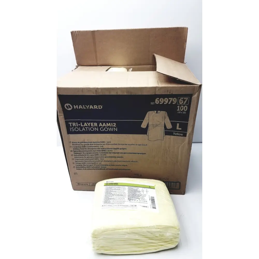 100 Count Case Halyard Tri Layer AAMi 2 Isolation Gown Size L - of 6