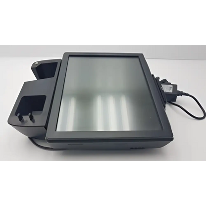 Elo ESY17B2 17-inch all-in-one PC with black touchscreen, card reader, and DA-150A12 adapter