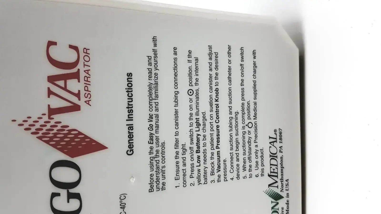 White paper instruction manual for 2011 precision medical easy go vac aspirator by precision medical for medical easy use