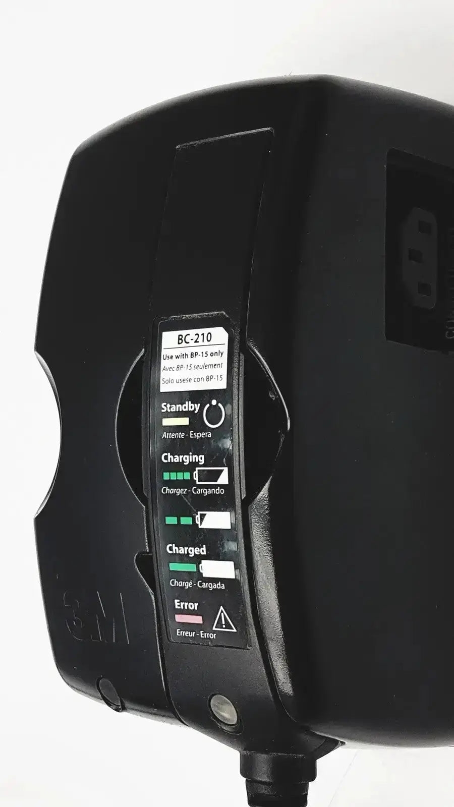Black plastic 3m bc-100 smart battery charger power base bc-210 with status indicators and warning label
