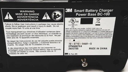 Black 3m bc-100 smart battery charger power base with white labeling and safety warnings in bc-210 model product image