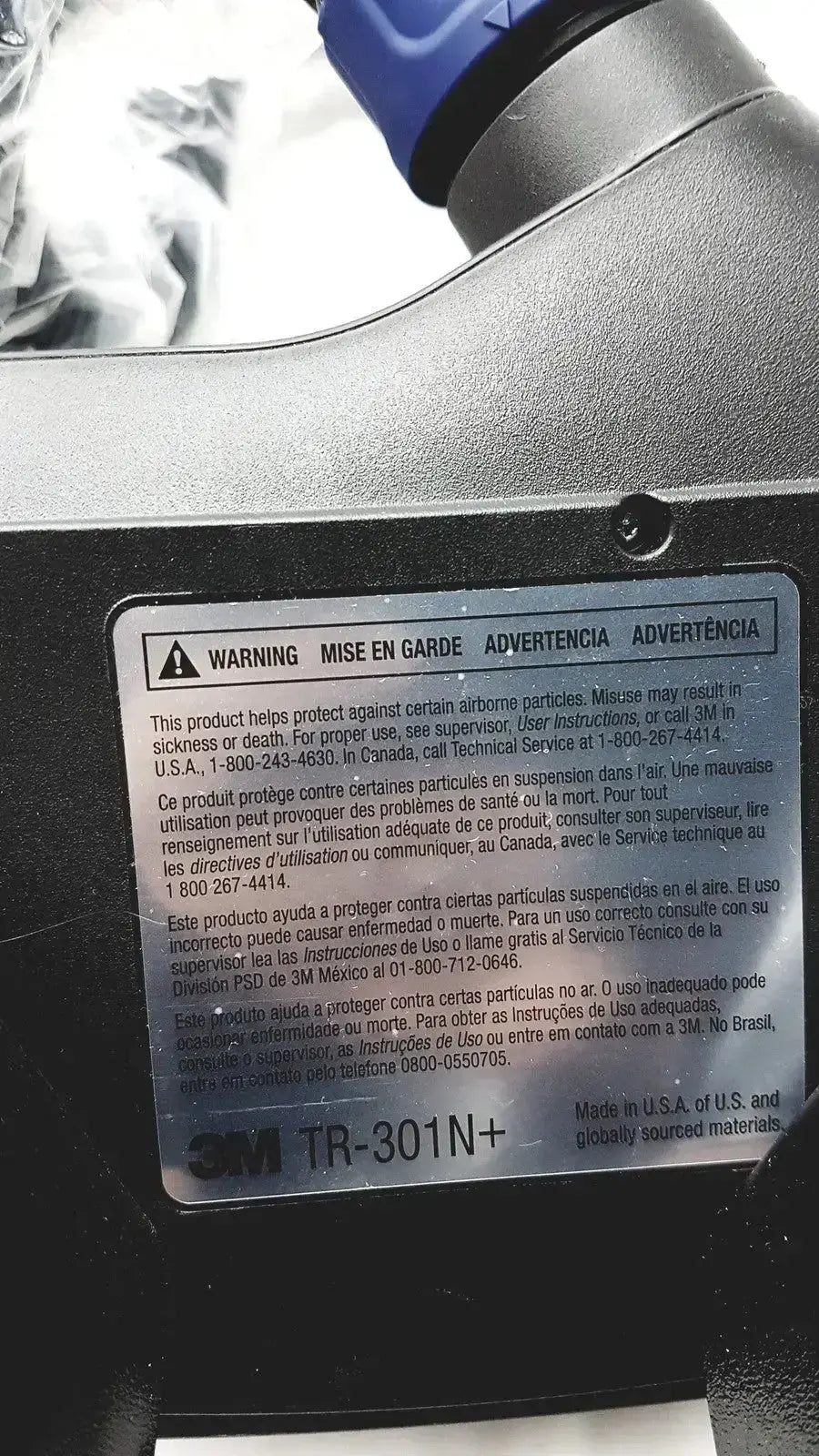 Black 3m versaflo tr-300+ air filter with multilingual warning label for pre owned medical equipment sale