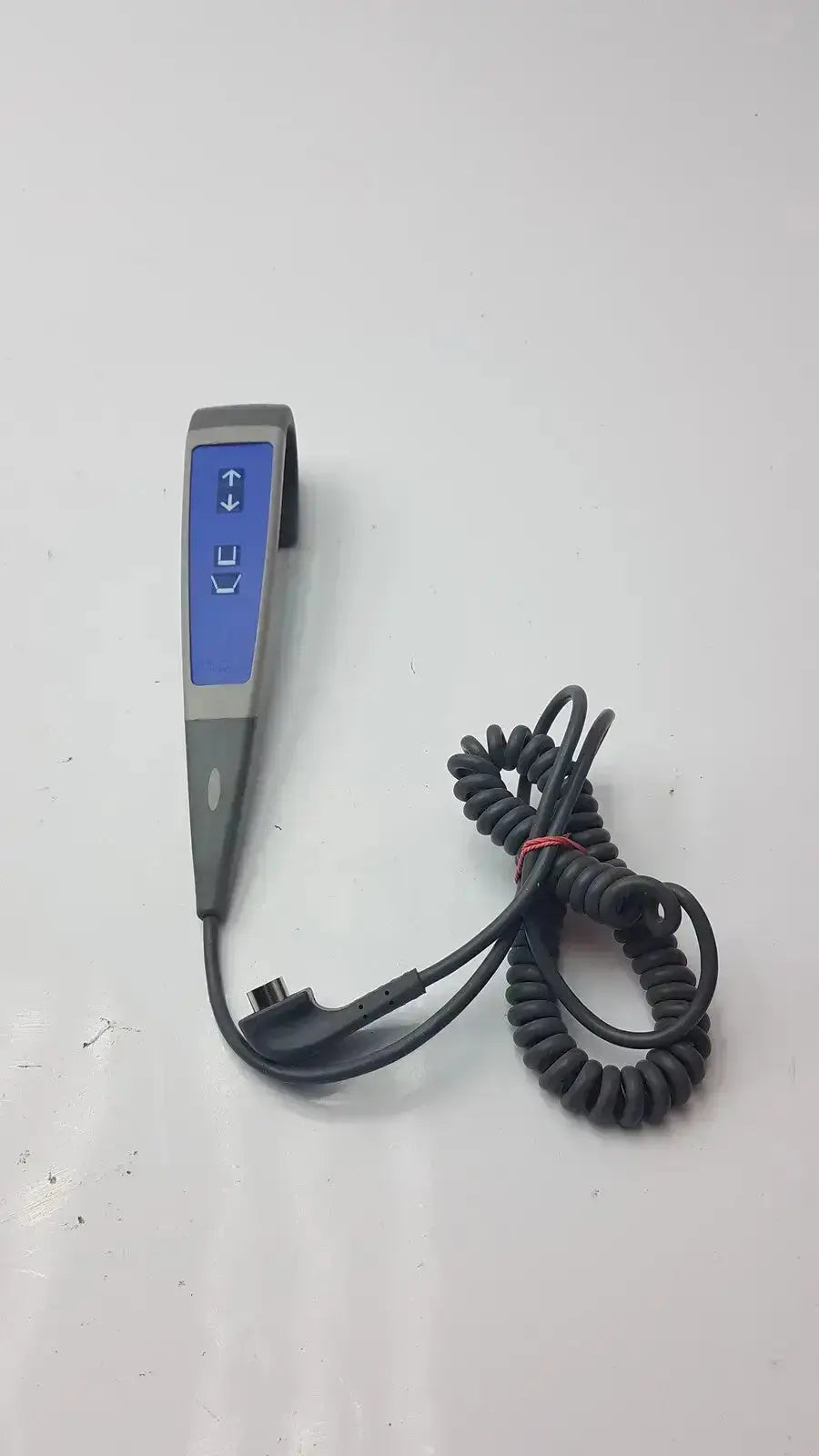 Gray and blue 4-button handset with coiled black cable for arjo lift model g-bbde2-30n handheld remote control