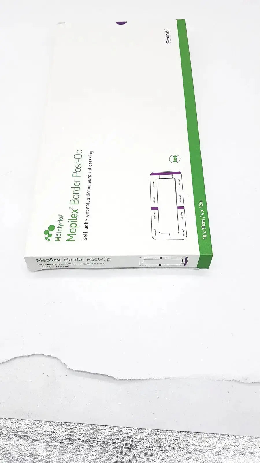 White and green cardboard box of medline mepliex border post-op self-adherent soft silicone surgical dressing