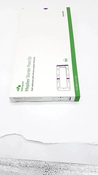 White and green cardboard box of medline mepliex border post-op self-adherent soft silicone surgical dressing