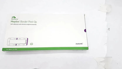 White cardboard box with green trim containing 5 pcs 4 x 12 inch 3m mepliex border post-op wound dressings