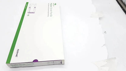 White and green cardboard box of mepliex border post-op medical adhesive strips 4 by 12 inches 5 pcs