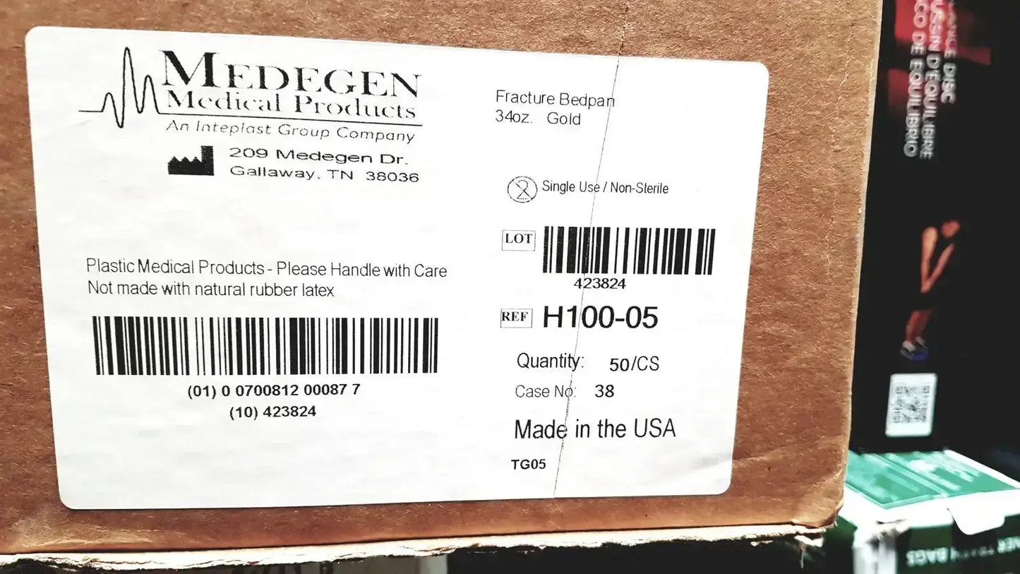 White label on cardboard box for medegen fracture bedpan 12 inch plastic gold 34oz 1.1 quart H100-05