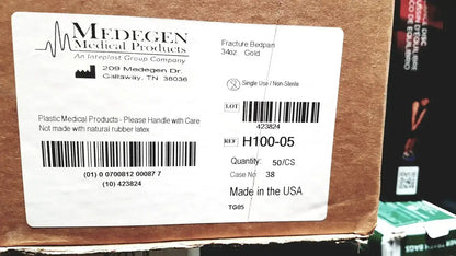 White label on cardboard box for medegen fracture bedpan 12 inch plastic gold 34oz 1.1 quart H100-05