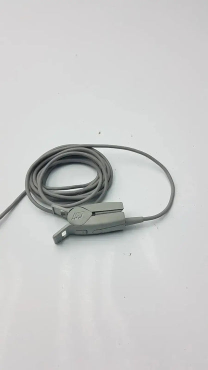Gray coiled 6-pin spo2 finger cable with gray plastic adult finger clip featuring embossed logo for medical use
