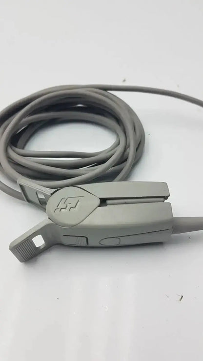 Gray plastic 6-pin spo2 finger clip cable with coiled cord and embossed logo for adult medical sensor use