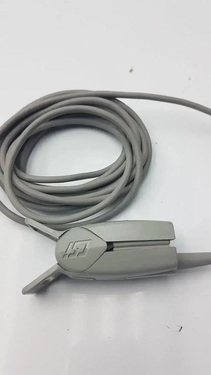Gray medical-grade 6-pin spo2 finger clip cable with ergonomic adult finger clip featuring embossed logo