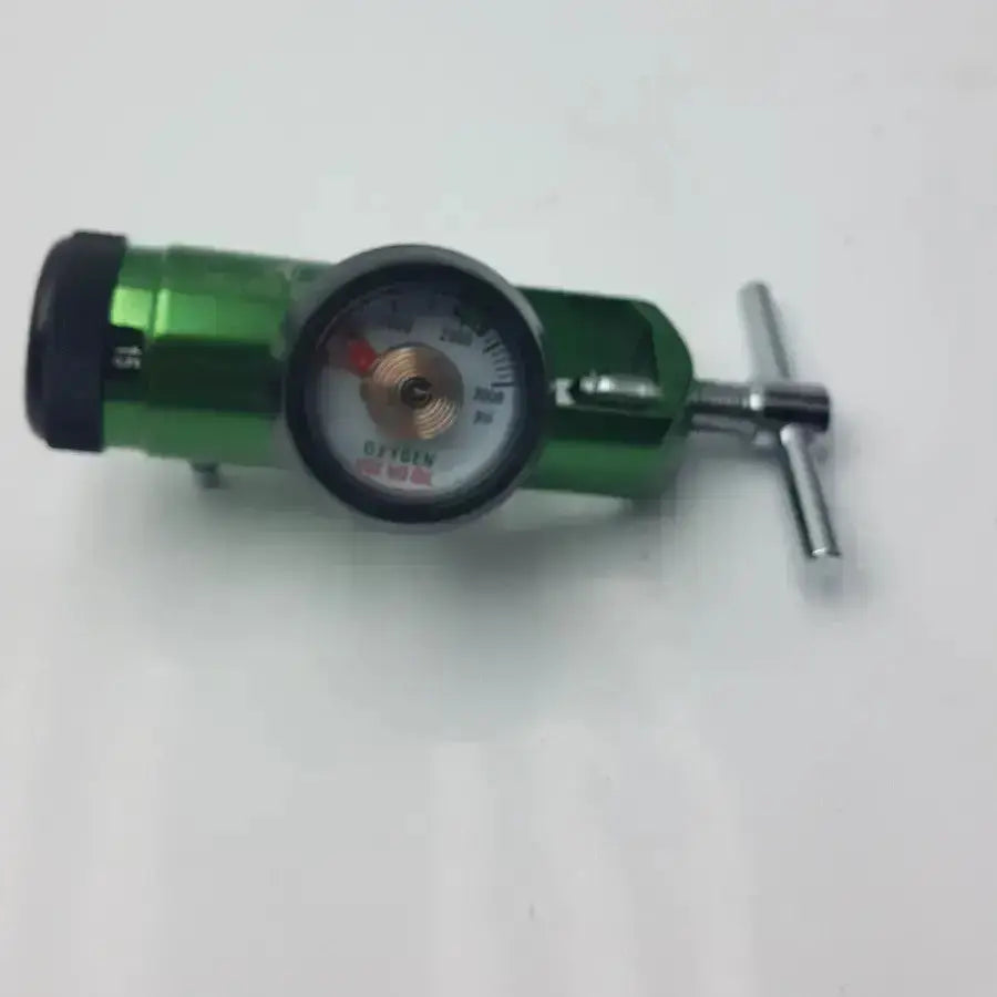 Green medical oxygen regulator with circular gauge and metallic adjustment knob for precise oxygen control