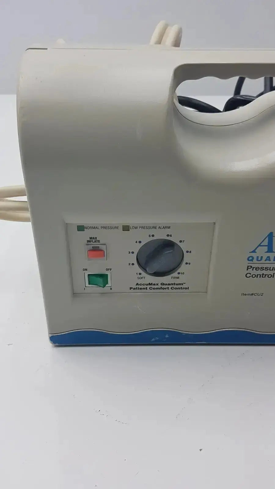 Beige plastic accumax quantum convertible pressure redistribution system pressure control unit with black dial and red green switches