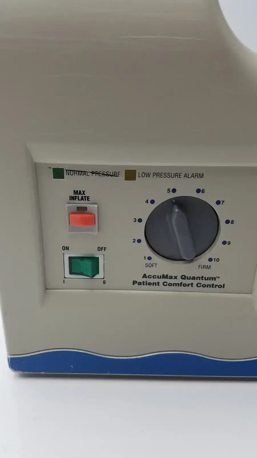 Beige accumax quantum convertible pressure redistribution system with blue wave design and patient comfort control knobs