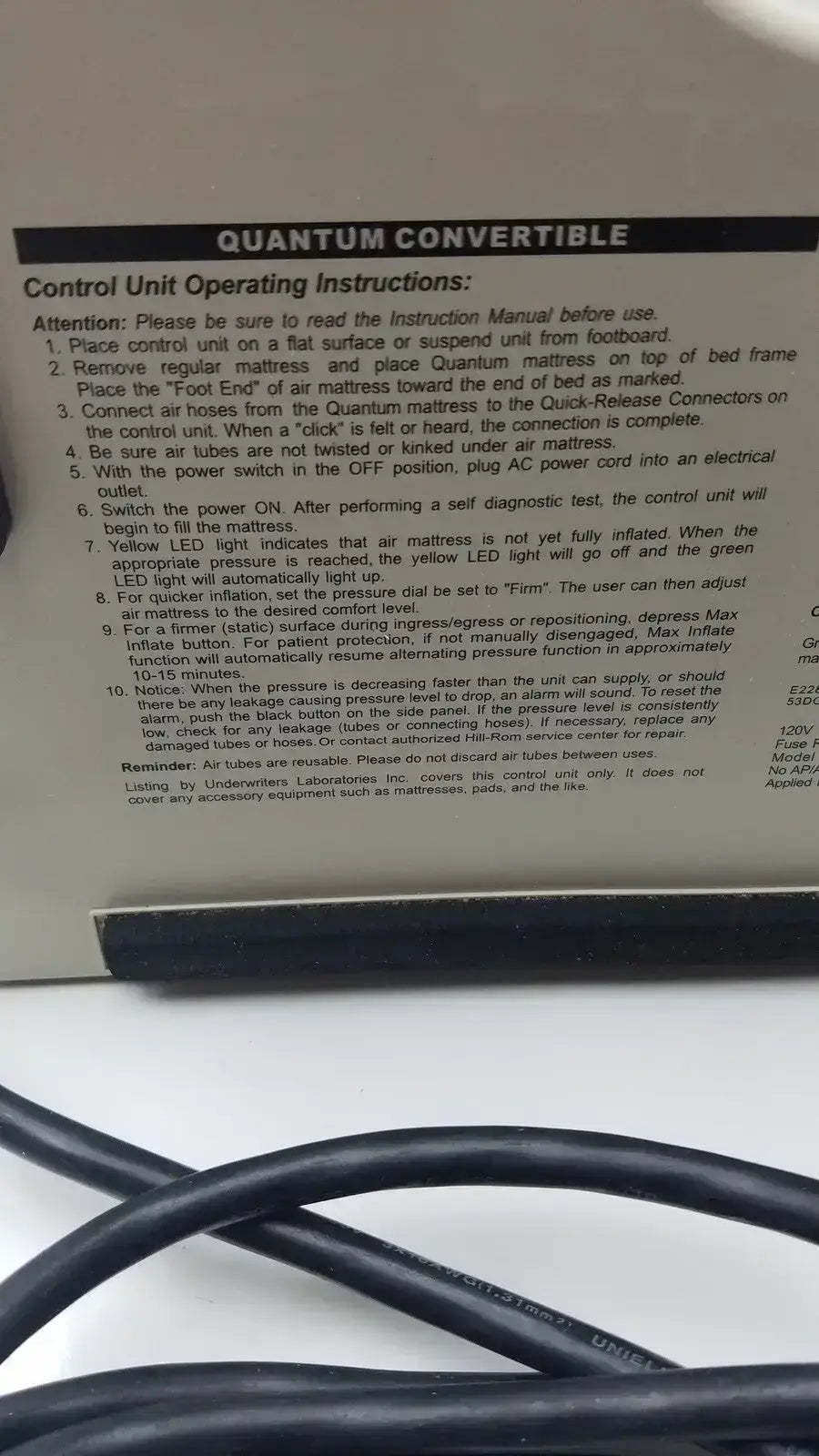 Black and white printed instruction manual for accumax quantum convertible pressure redistribution air mattress control unit