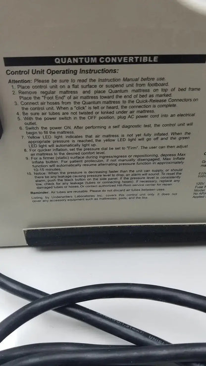 Black and white printed instruction manual for accumax quantum convertible pressure redistribution air mattress control unit