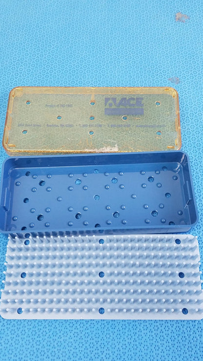 Blue plastic sterilization tray with perforated surface and matching lid for straumann dental implant surgical kit medical equipment