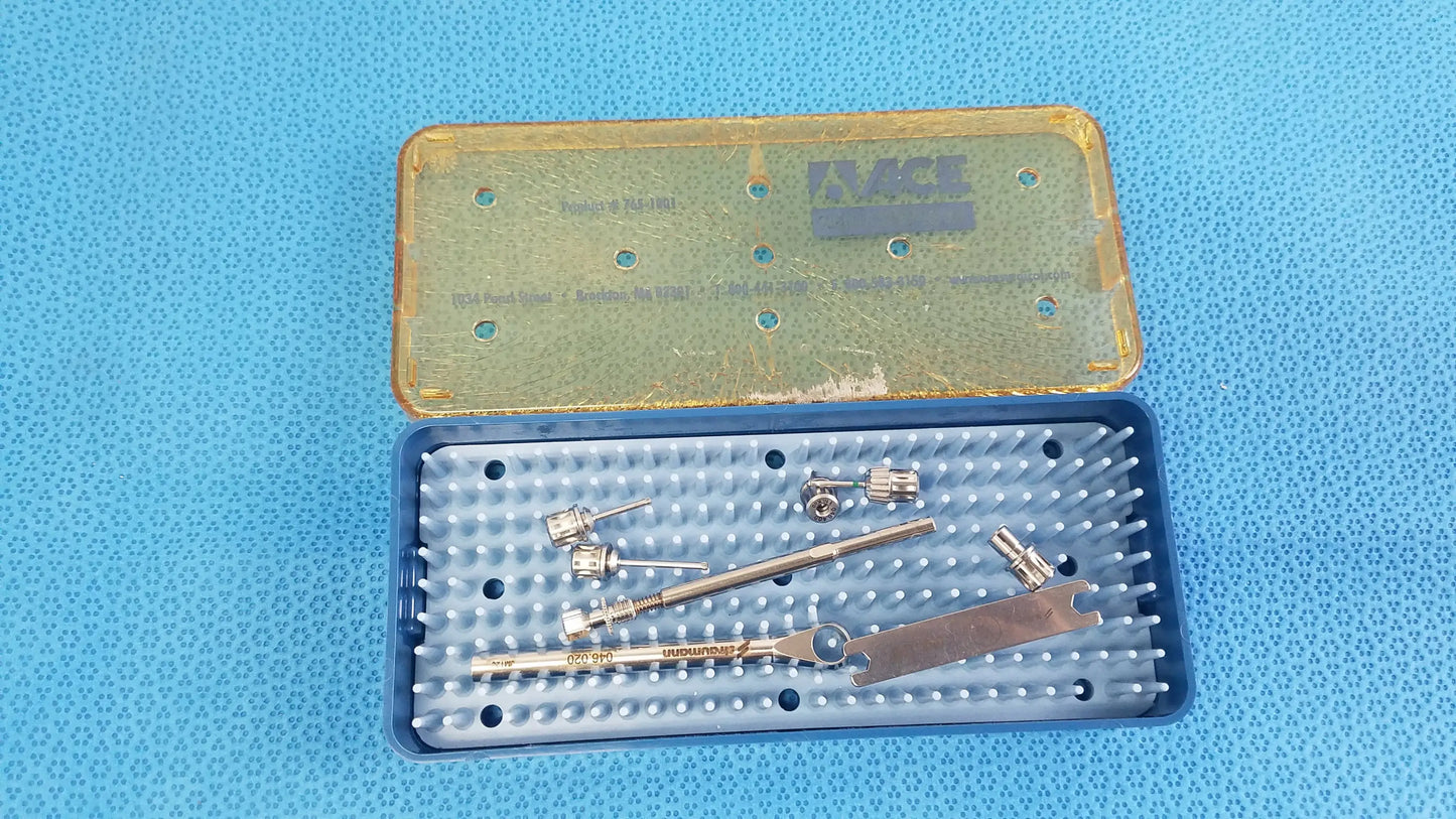 Ace 765-1001 sterilization tray with straumann dental implant surgical instrument kit in blue and gold plastic case with metallic tools